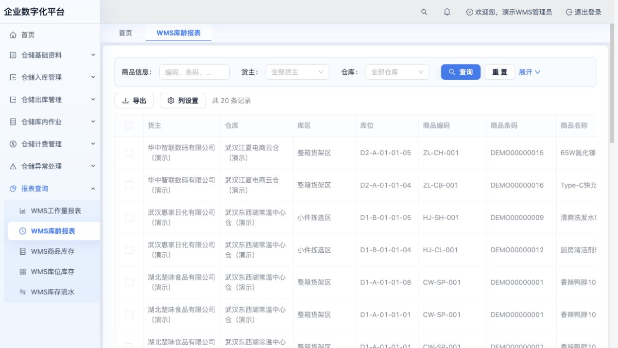库龄报表：按货主、商品和批次查看在库天数及库龄区间