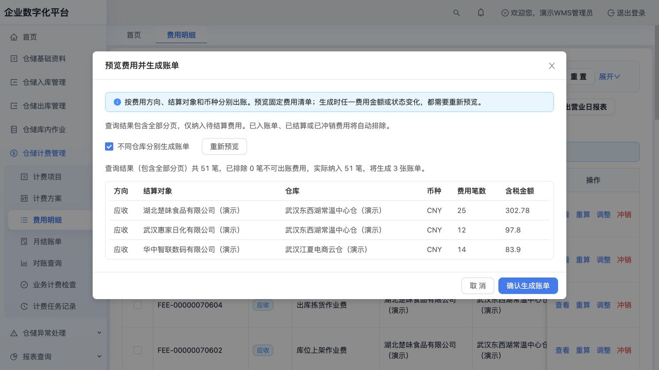 实际出账预览：51笔、三张拟生成账单，食品302.78、日化97.80、数码83.90 CNY，合计484.48；未确认生成
