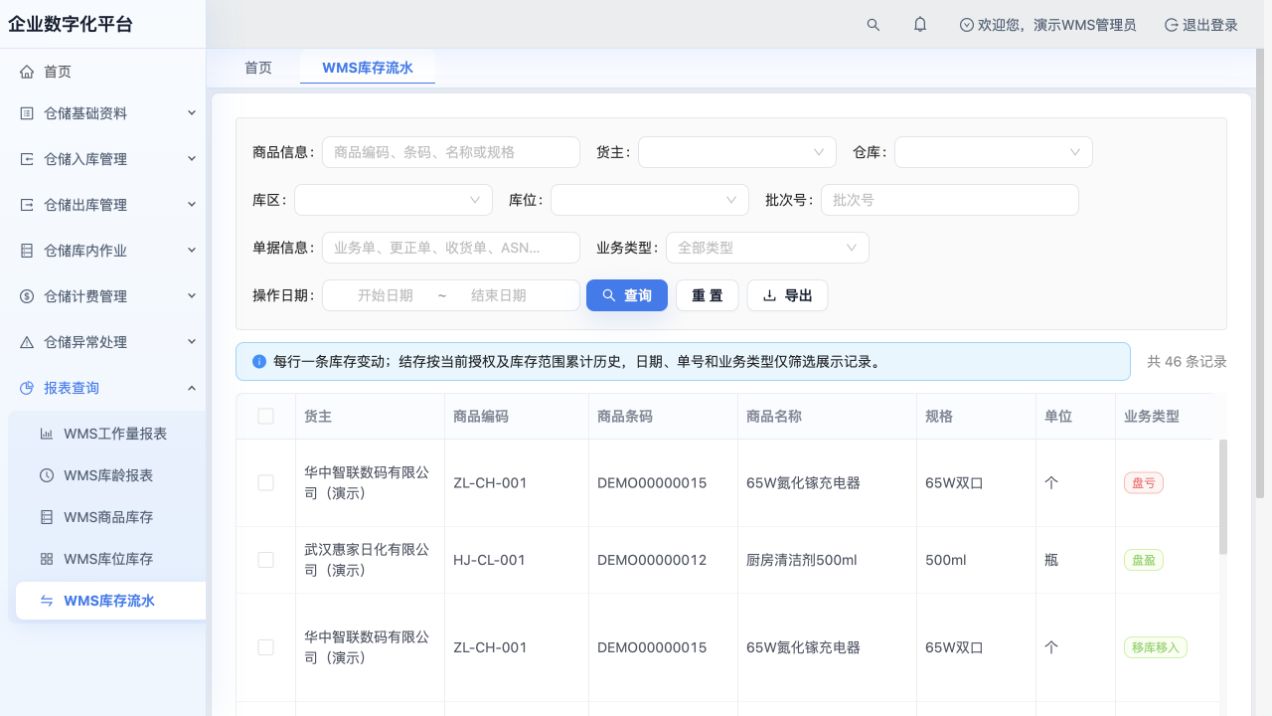 库存流水：业务单号、类型、商品、库位及数量变化