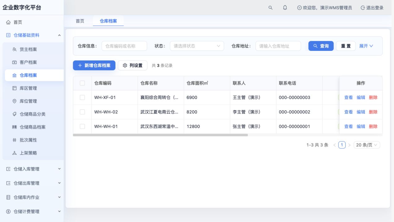 仓库档案：武汉两仓及襄阳周转仓
