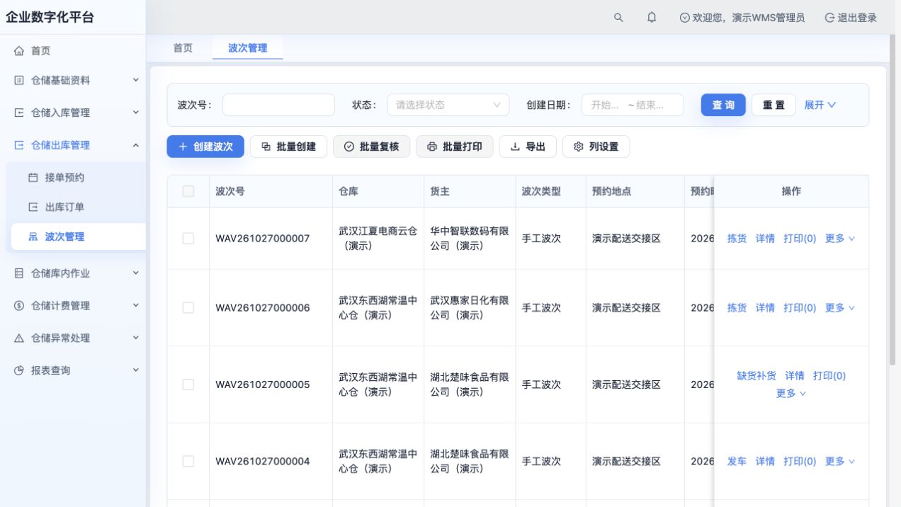 波次列表：草稿、待拣、全缺货、待发车和已发车示例；更多数量列可横向滚动查看